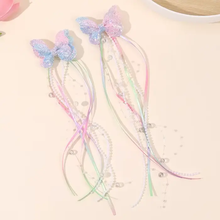 Pince à cheveux à paillettes papillon arc-en-ciel pour enfants, 2 pièces, ruban de perles, pince à c