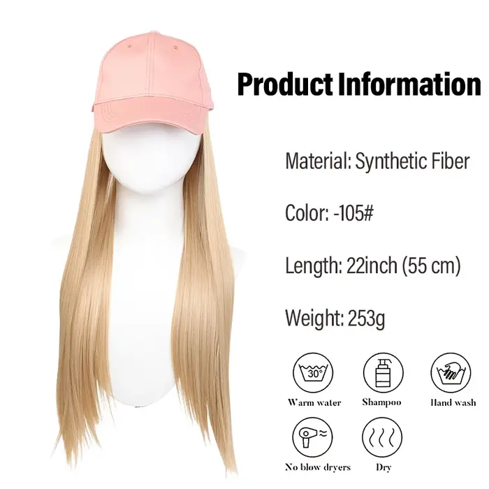 Casquette de baseball rose tendance avec perruque synthétique à cheveux blonds longs – Légère