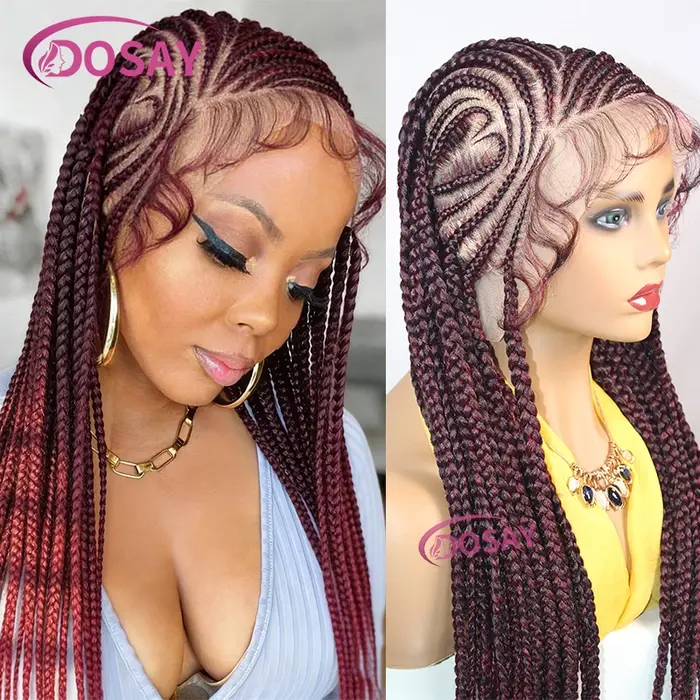 Perruque tressée synthétique bordeaux de 36 pouces, sans nœuds, style cornrow, pour femmes, perruque