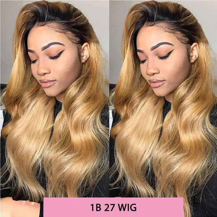 Perruque Lace Front Wig Body Wave naturelle, cheveux humains, blond miel, pre-plucked, 1B 27, ombré,