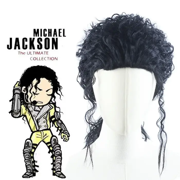 Perruque noire MJ Michael Cosplay, perruque de cosplay Michael Jackson, cheveux noirs bouclés mi-lon