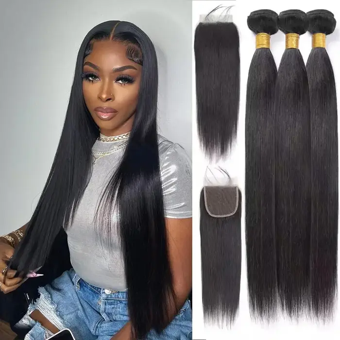 Extensions de cheveux humains brésiliens lisses, 3 mèches avec closure HD 4x4 pré-épilée, couleur no