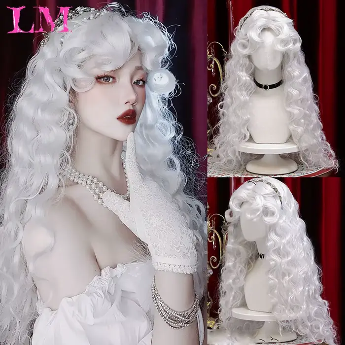 LM LM ﻿ Perruques de Cosplay synthétiques ondulées longues ombrées blanches, perruques synthétiques 