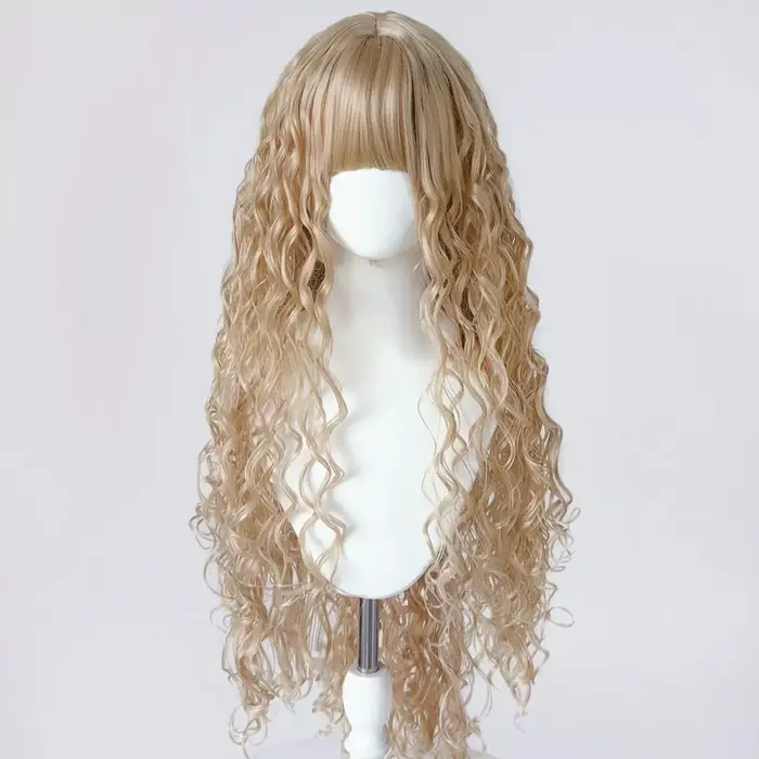 Perruque longue bouclée blonde avec frange