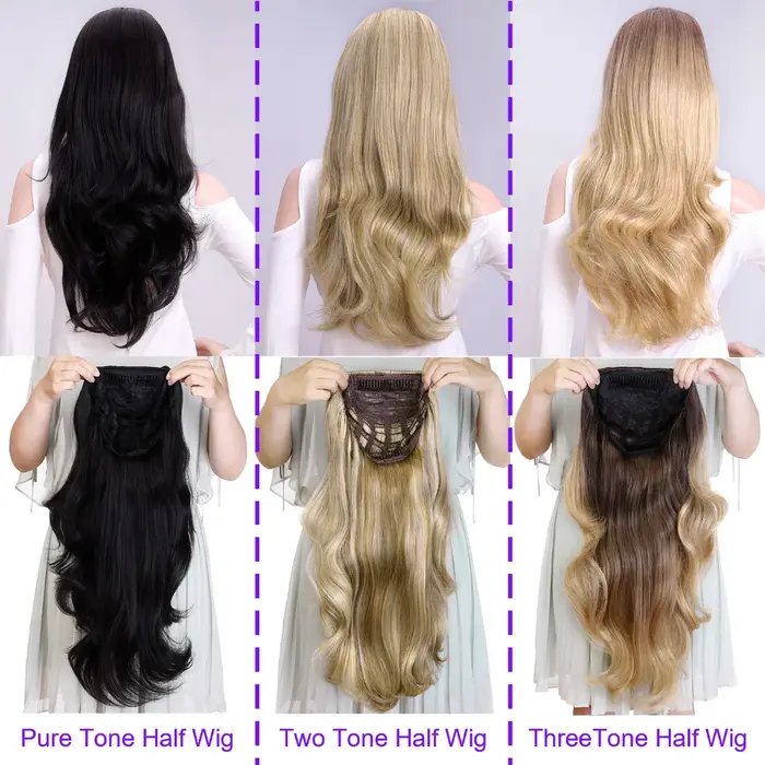DinDong Demi Perruque Synthétique Ondulée pour Femmes, Extension à Clipser dans Cheveux, Peigne, sur Tête en Maille, 3/4, 24 Pouces, 60 cm