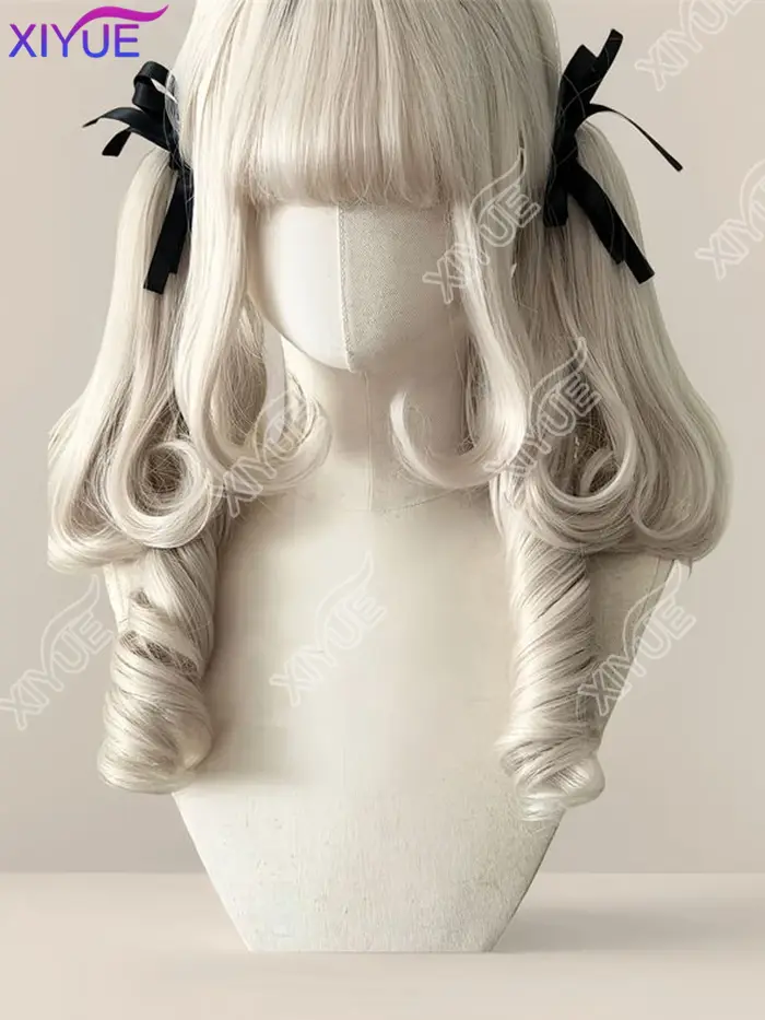 XIYUE oreilles de lapin synthétique princesse coupe Double queue de cheval Lolita perruque avec frange fille blanc gris