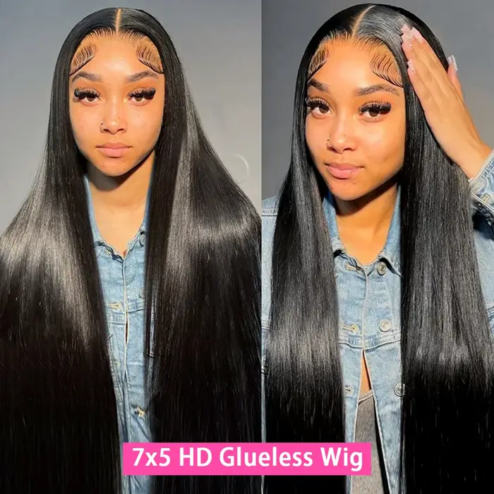 Wear Go sans colle dentelle avant perruques de cheveux humains droite 7x5 HD dentelle frontale perru