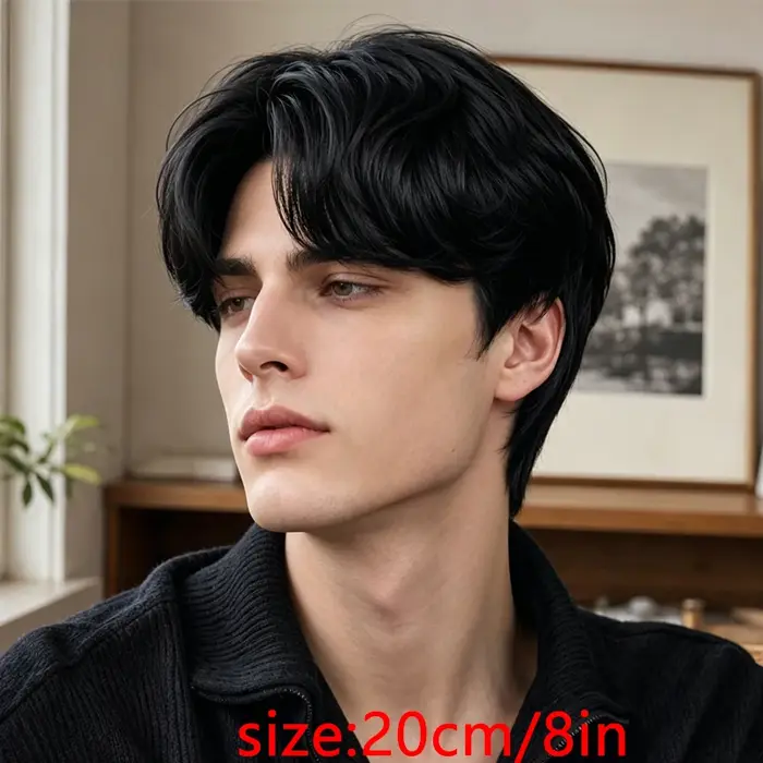 Perruque pour homme noire de 8 pouces en matière synthétique