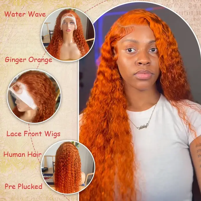 Perruque Lace Front Wig 350 naturelle brésilienne, cheveux humains, Deep Curly, couleur orange, 13x4