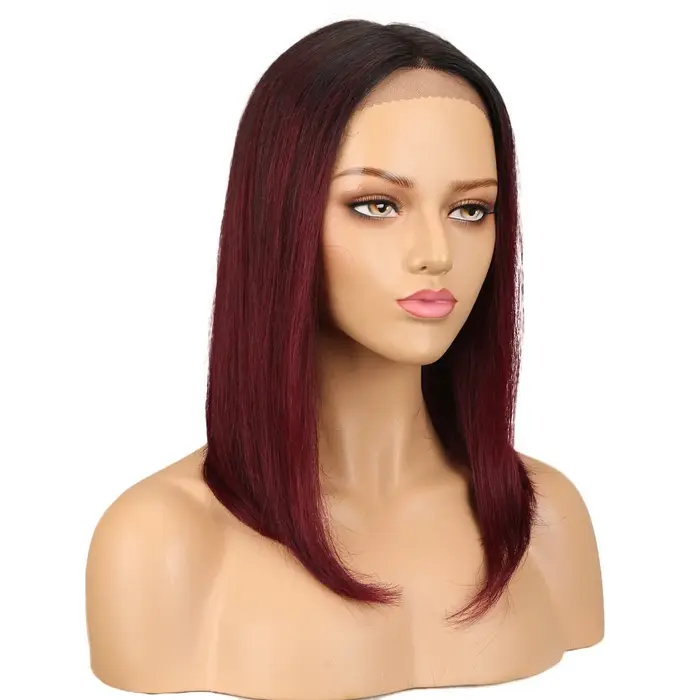 Perruque Bob Lace wig brésilienne naturelle lisse, cheveux longs, brun, rouge, partie T, perruque La