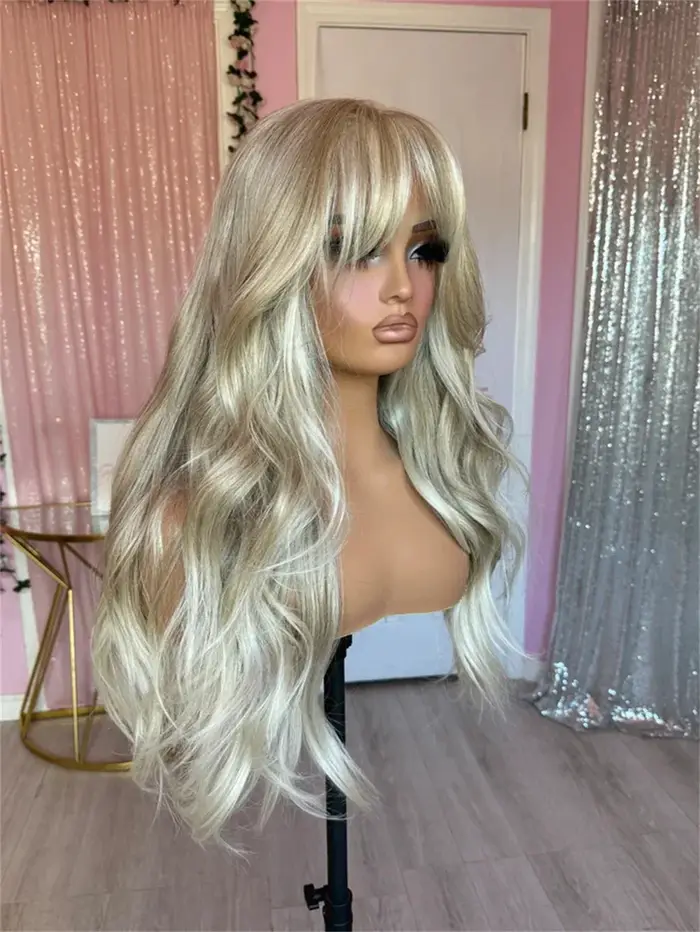 Perruque Lace Front Wig sans colle avec frange, 28 pouces, cheveux humains synthétiques de luxe, fib
