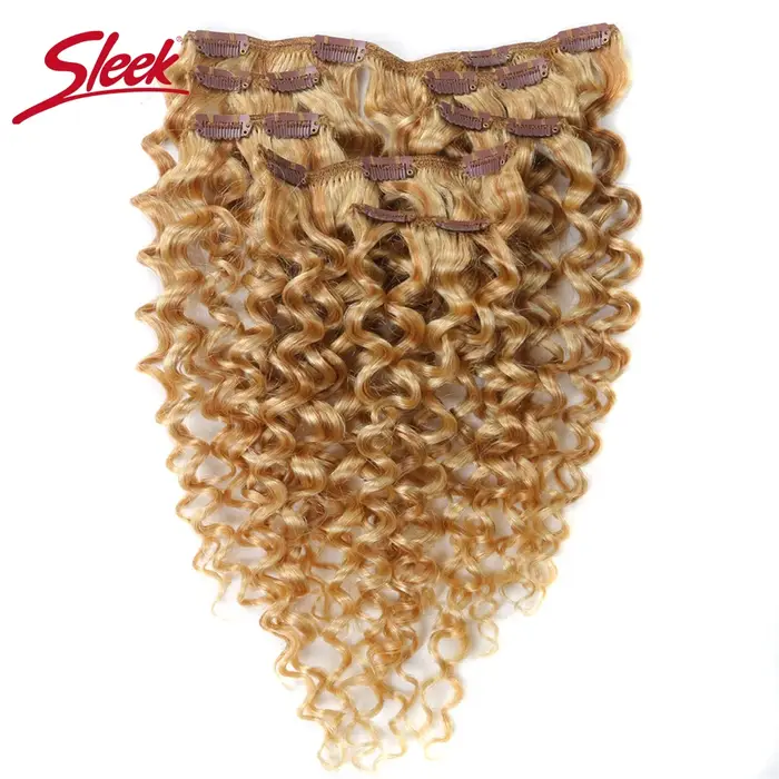 Sleek Hair-Extensions de Cheveux Humains à Clips, Brésilien, Bouclé, caution, Blond Miel, # P27/613,