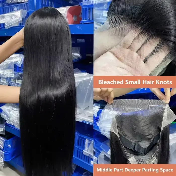 Perruques de cheveux humains brésiliens lisses et transparents de 30 à 32 pouces, densité 200, avec 