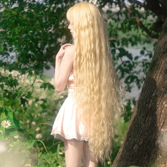 PARK YUN-Perruque Cosplay Blonde Extra Longue avec Frange, Perruque Lolita Blonde Bouclée, Perruque