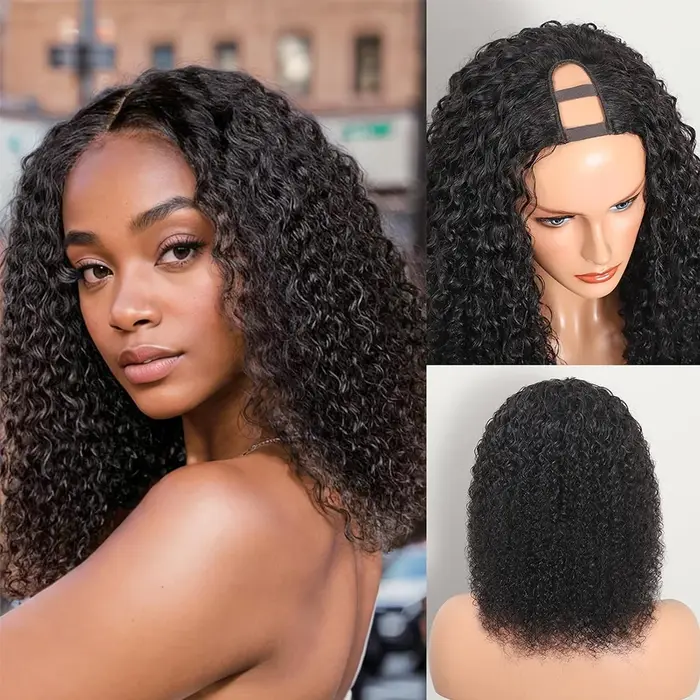Perruque en cheveux humains U-Part sans colle, densité 250%, bouclée crépue, pour femmes, sans besoi