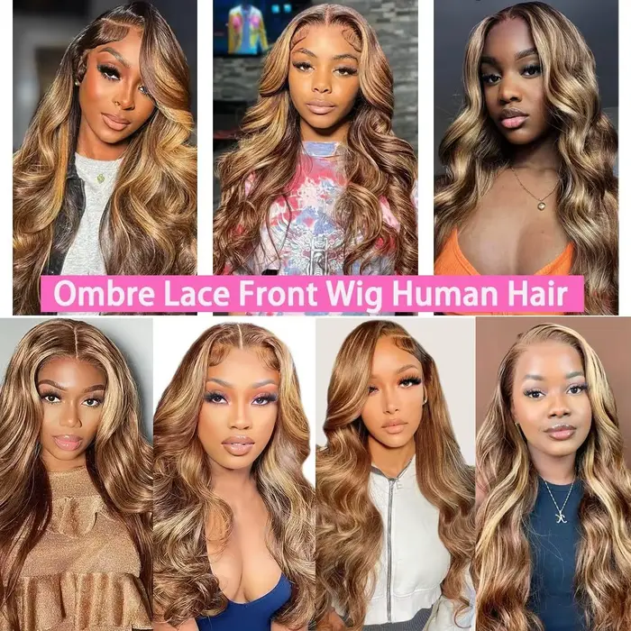 Perruque en cheveux humains blond miel avec mèches, ondulée, avec dentelle frontale, en promotion, s