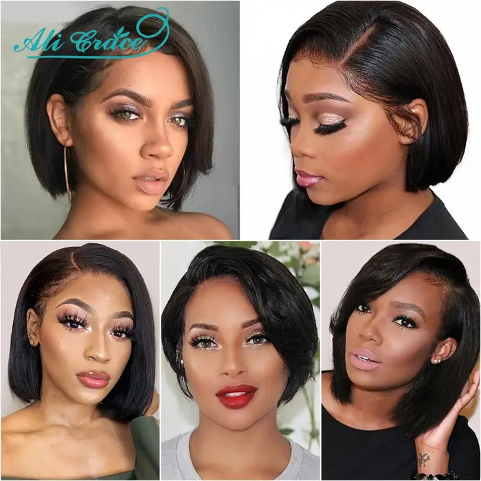 Perruque de cheveux brésiliens courts et lisses, coupe Pixie 20CM, coupe droite, pré-épilée, Ali Grace Lace Part Lace Wigs