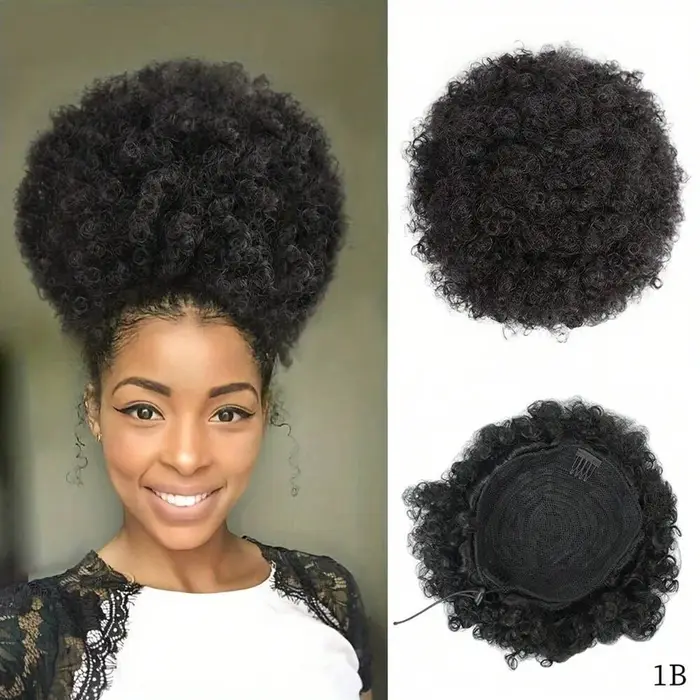 Extension de queue de cheval afro synthétique courte noire avec cordon de serrage pour femmes noires
