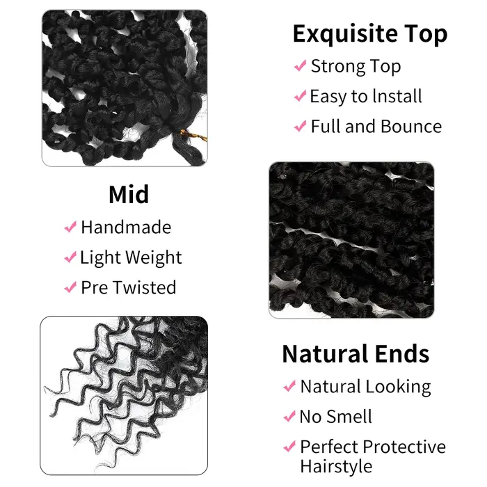 8 paquets de cheveux synthétiques pré-bouclés pour tresses au crochet Passion Twist pour femmes noires