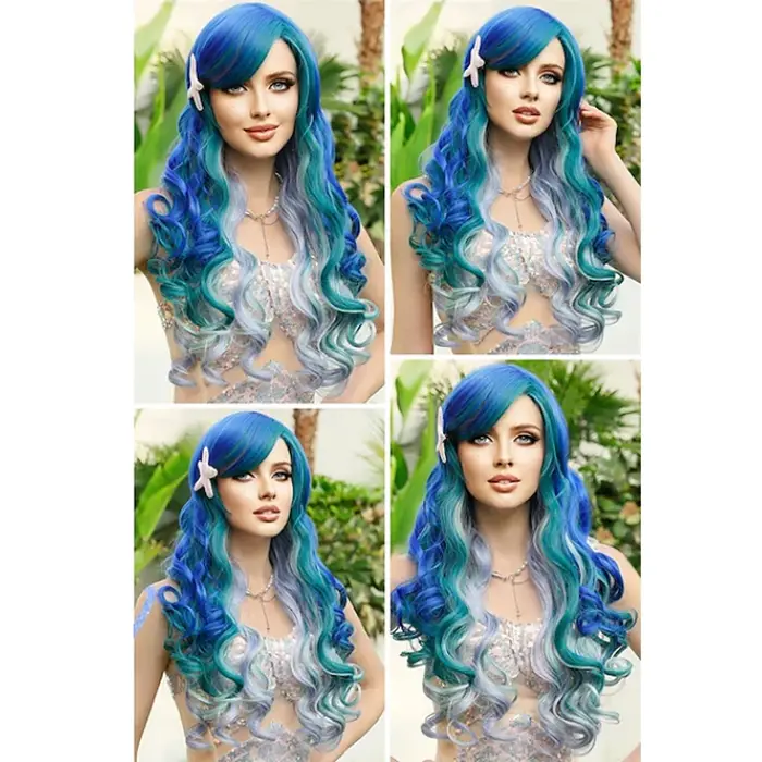 HAIRJOY Perruque synthétique longue ondulée bleu-vert style sirène
