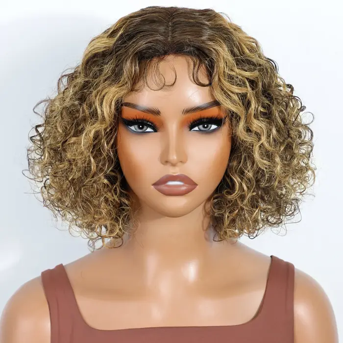 Lekker sans colle Blonde mettre en évidence court bouclés Bob partie centrale dentelle 100% perruques de cheveux