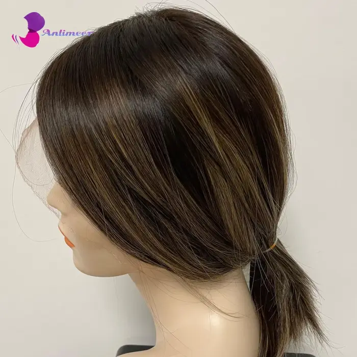Perruque en cheveux naturels avec base en soie et dentelle frontale, mèches marron cendré clair, mod