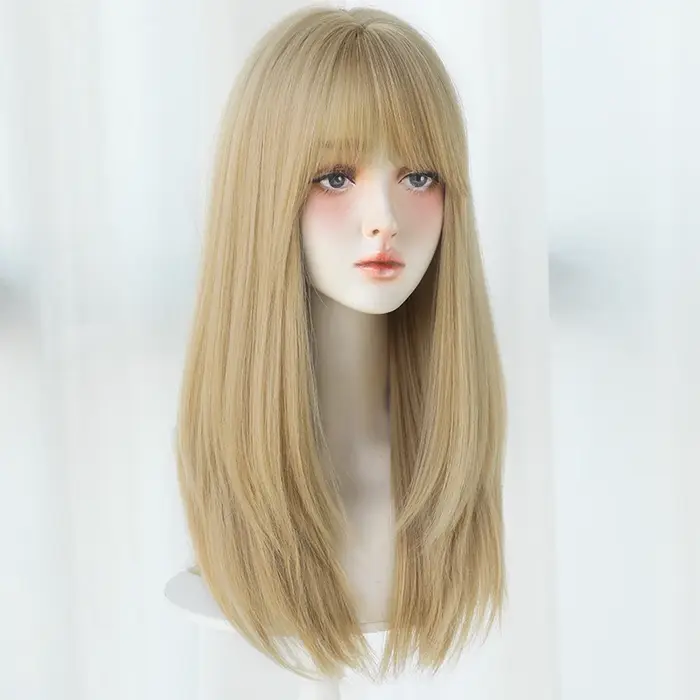 Perruques blondes en couches droites avec frange soignée, faux cheveux naturels synthétiques haute d