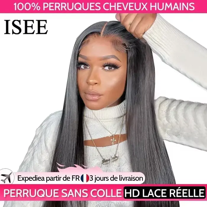 ISEE cheveux sans colle perruques cheveux humains prêt à porter droite sans colle pré-plumée porter