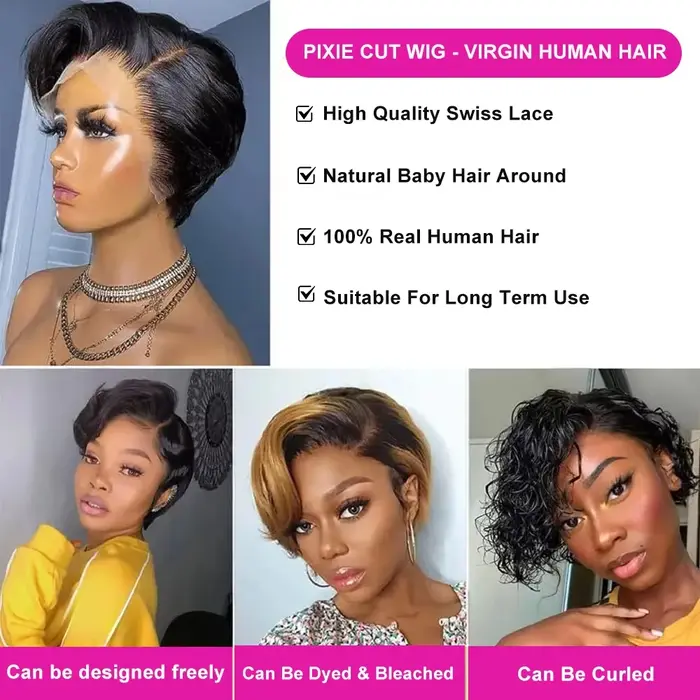Perruque courte coupe pixie en cheveux humains, perruque bob transparente 13x4 avec partie en dentelle, perruque brésilienne 100% cheveux humains pour femmes