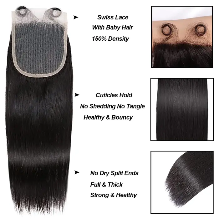 Mèches Brésiliennes Naturelles Lisses avec Closure, Cheveux de Bébé, 100% Non Traités, 4x4, 3 Lots