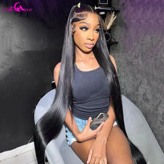 Perruque Lace Front Wig naturelle lisse-ALI COCO, 13x4 13x6, 36 38 pouces, pre-plucked, densité 250,