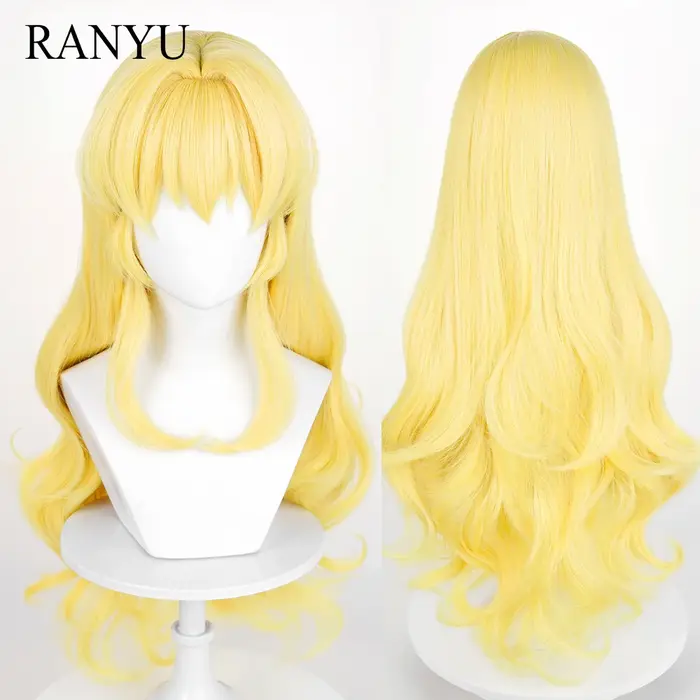 Perruques synthétiques de Cosplay de jeu d'anime jaune avec frange