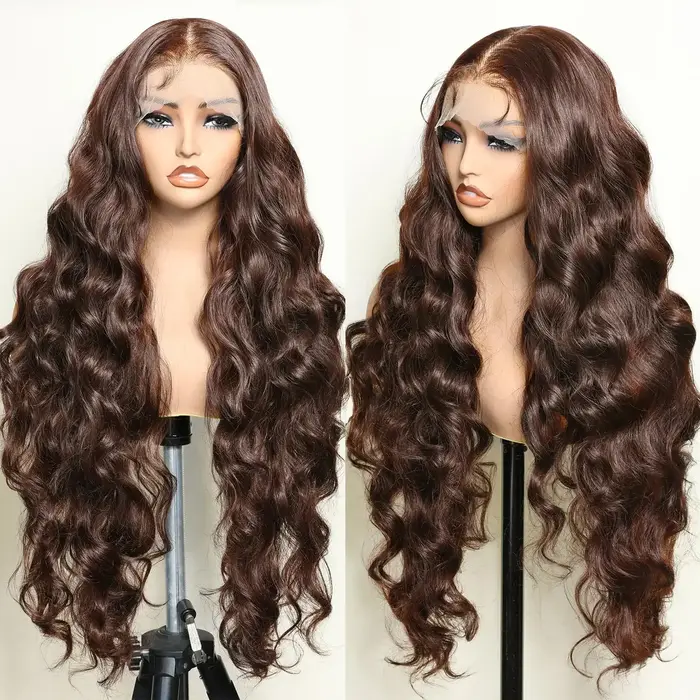 Perruque Lace Frontale HD 13x4 13x6 en Cheveux Humains, Ondulée, Marron Chocolat, Densité 200%, 30-3