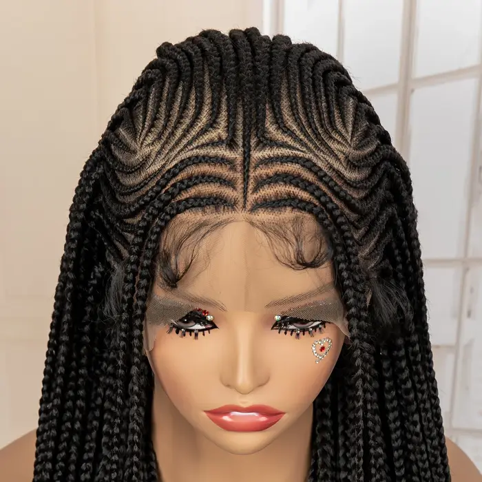 Perruques de cheveux tressés africains synthétiques pleine dentelle Cornrow sans noeuds boîte tressa