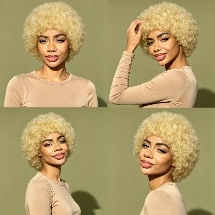Perruque courte bouclée afro blond miel, volumineuse, style pixie crépu avec frange, bonnet ajustable, entièrement fabriquée à la machine, coupe afro moelleuse