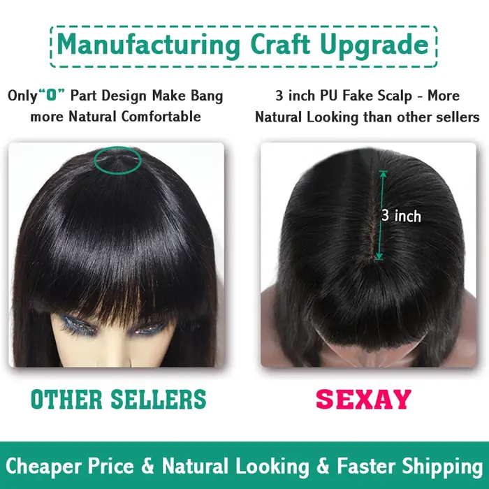 Sexay cuir chevelu Bang perruque de cheveux humains brut indien droit cheveux humains frange perruqu
