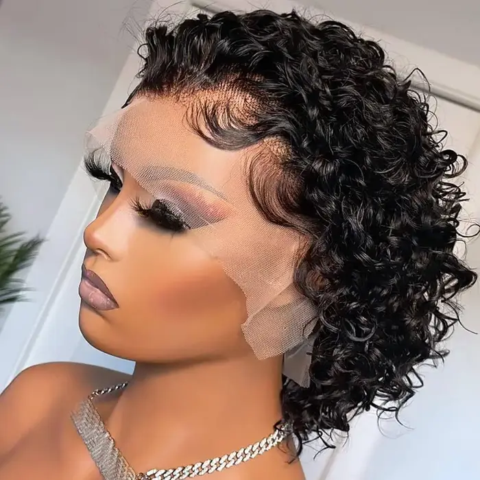Perruque de cheveux humains avant de dentelle bouclée courte pour les femmes
