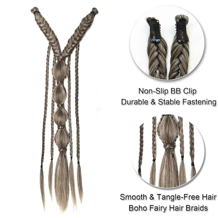 Extensions de cheveux synthétiques tressées style bohème viking, mèches ombrées, tresses féeriques médiévales, clip pour femmes, queue de cheval faite à la main