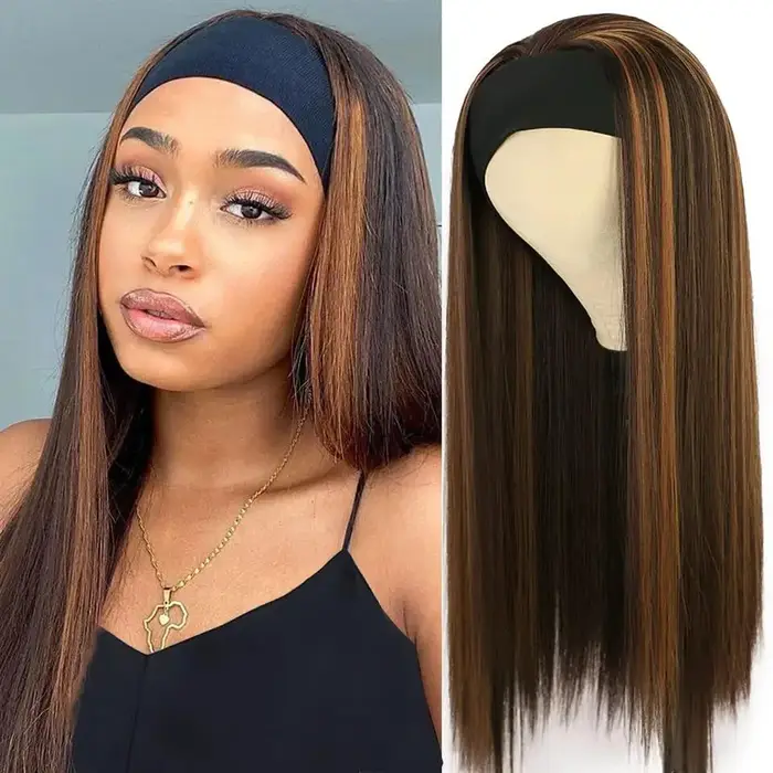 Perruque bandeau longue et lisse de 26 pouces pour femmes, cheveux synthétiques charmants sans colle