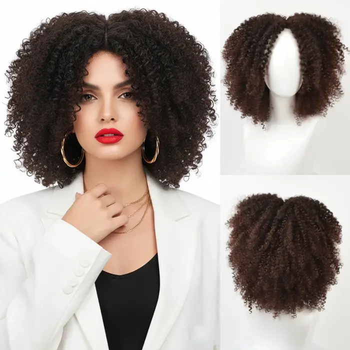 Perruque Afro Bouclée Frisée Marron avec Raie au Milieu, Courte et Douce, Synthétique, pour Femme, A