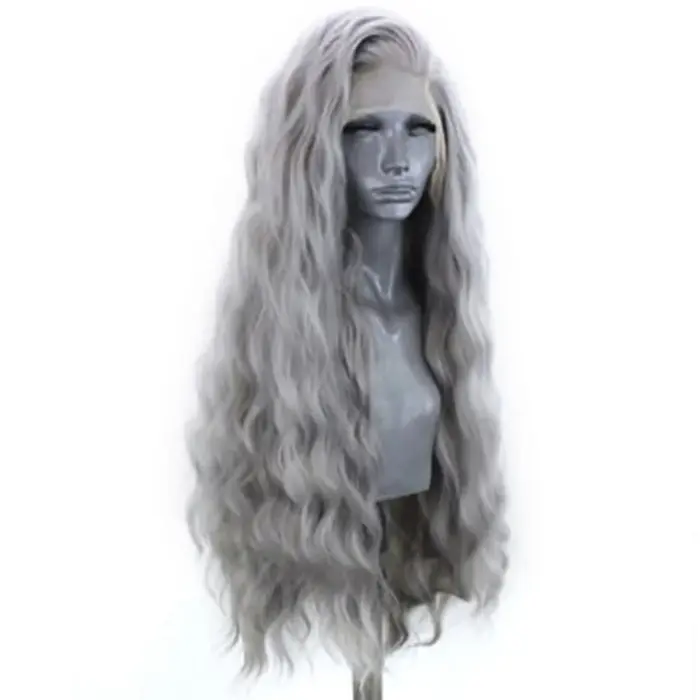 Perruque Lace Front Wig synthétique grise 13x4, perruque longue bouclée et ample en Fiber résistante