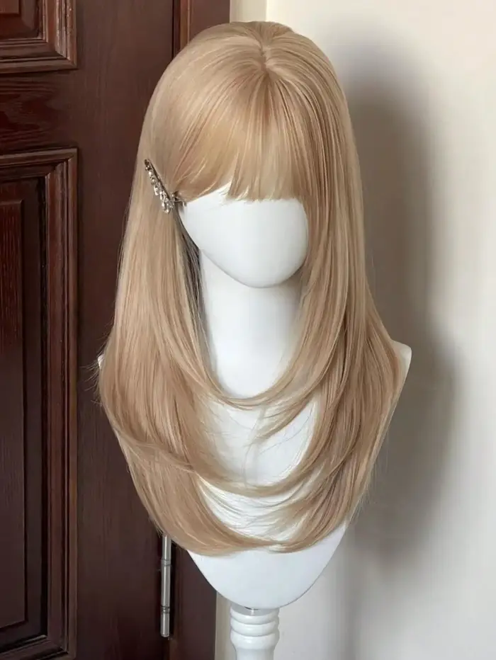 Perruque synthétique blonde droite de 20 pouces avec frange