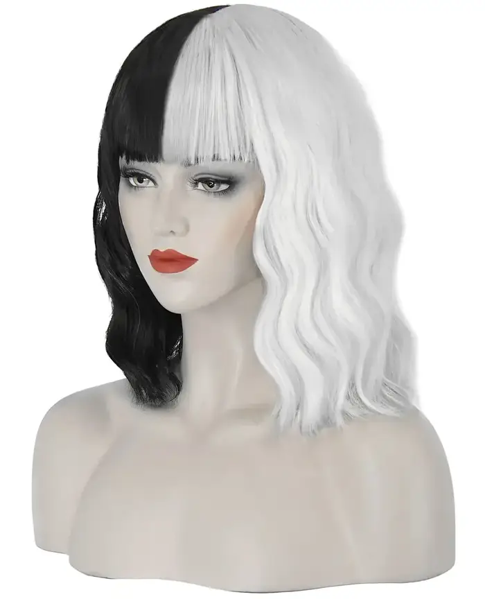 Cruella Deville-Perruque Courte Ondulée Noire et Blanche pour Femme