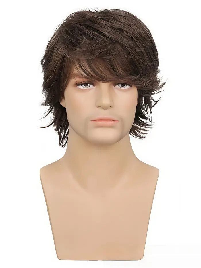 Perruque brune à couches coupées style loup pour hommes