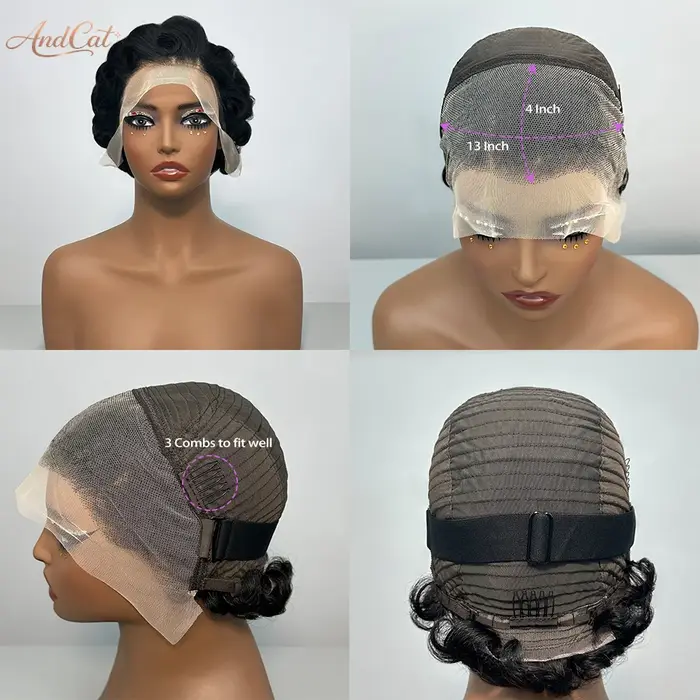 Perruque Courte Bouclée Pixie Cheveux Humains Vierges Brésiliens 100% Naturels Perruques Frontales 13x4 Couleur Noir Naturel Couleurs Variées