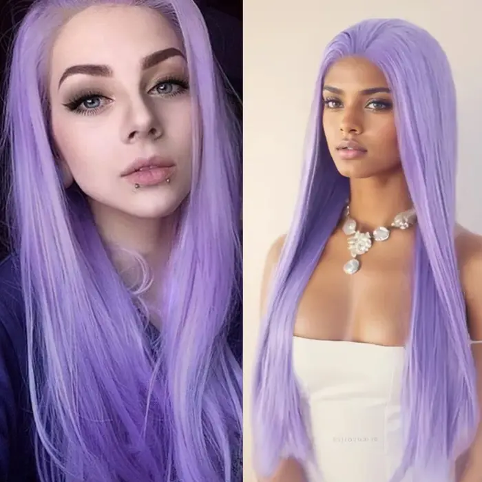 Perruque Lace Front Wig synthétique lisse violette, naissance des cheveux naturelle, sans colle, pou