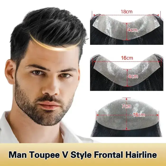 Perruque toupet de cheveux humains naturels, naissance des cheveux naturelle, Style V, avec peau, Ba