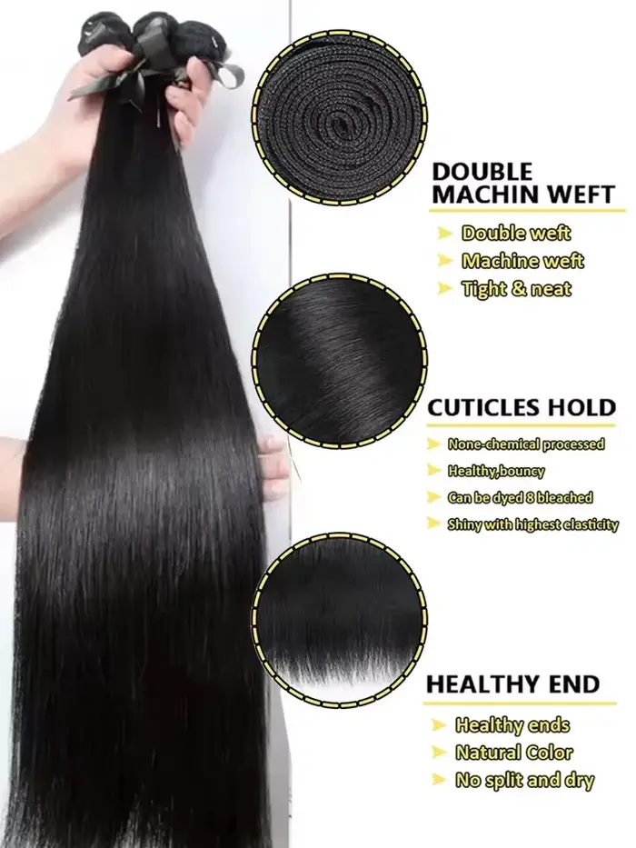 Lot de 3 ou 4 mèches de cheveux humains vierges brésiliens lisses comme des baguettes, 30 à 40 pouce