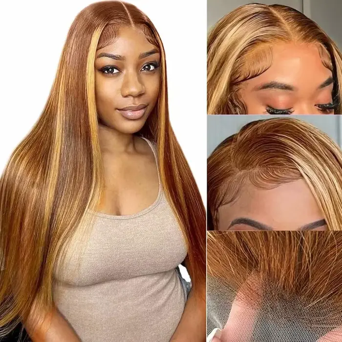 28 pouces 13x4 droite mettre en évidence perruque brésilienne cheveux humains 200% densité 4/27 coul