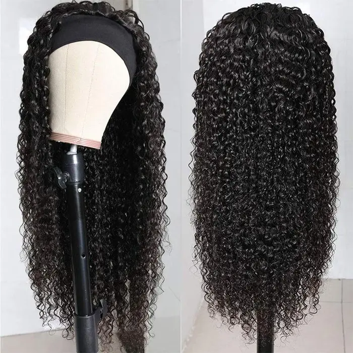 Perruque longue à bandeau en cheveux humains bouclés crépus pour femmes
